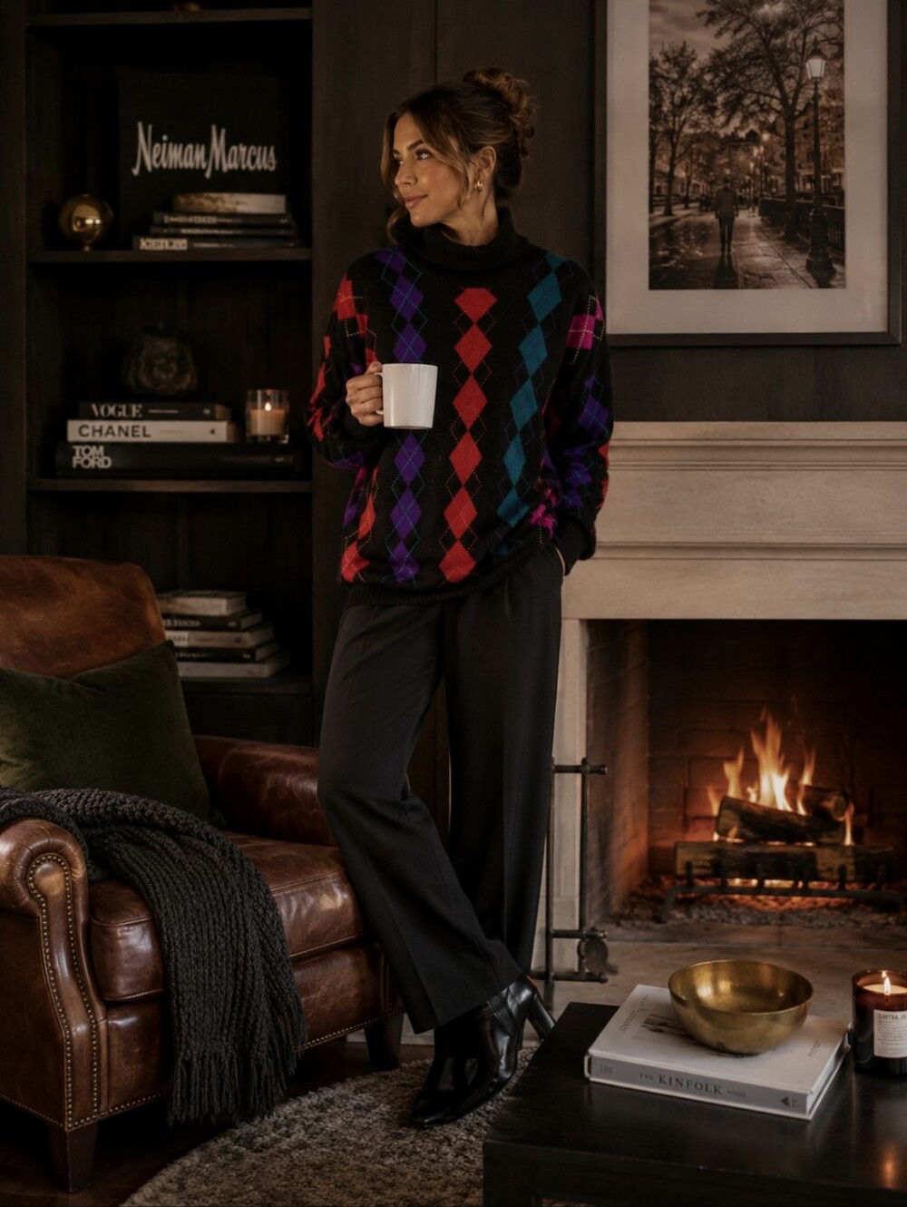 Neiman Marcus LARGE 100%‎ CASHMERE Vintage Turtleneck Sweater Multi Diamond 80s